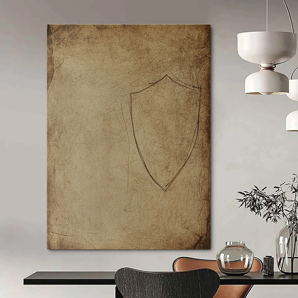 Large abstract drawing of an ancient shield silhouette on aged paper with rough edges and dusty marks resembling early human civilization cave art.STSC987