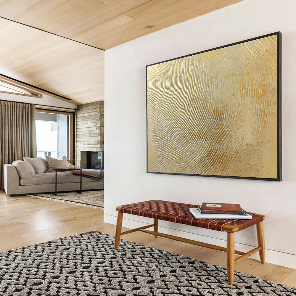 This large abstract painting features intricate wavy lines in gold and silver, creating a textured depth that enhances visual interest for design projects.SC559