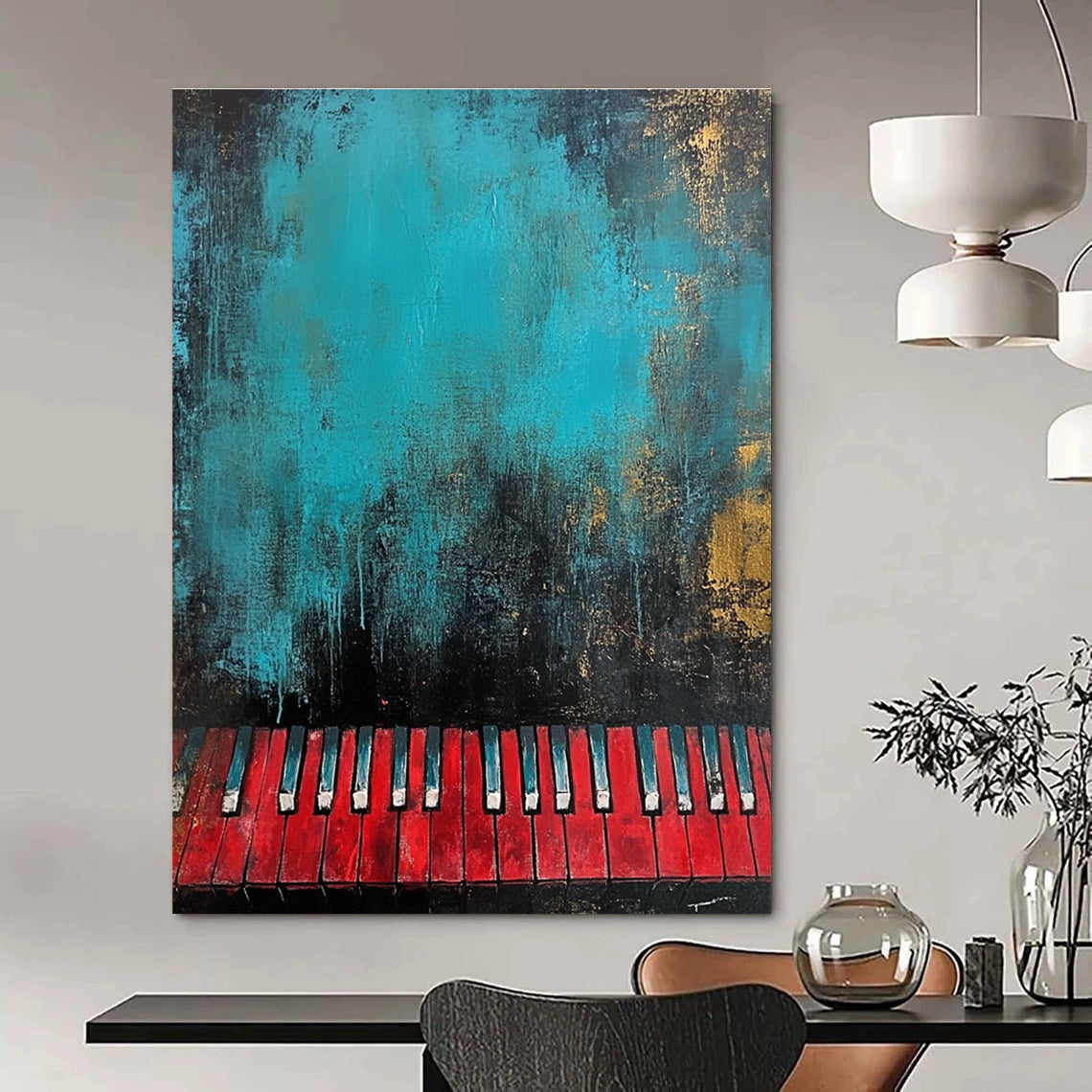 Large abstract painting in teal and black featuring textured red piano keys at the bottom for a striking visual impact.STSC230
