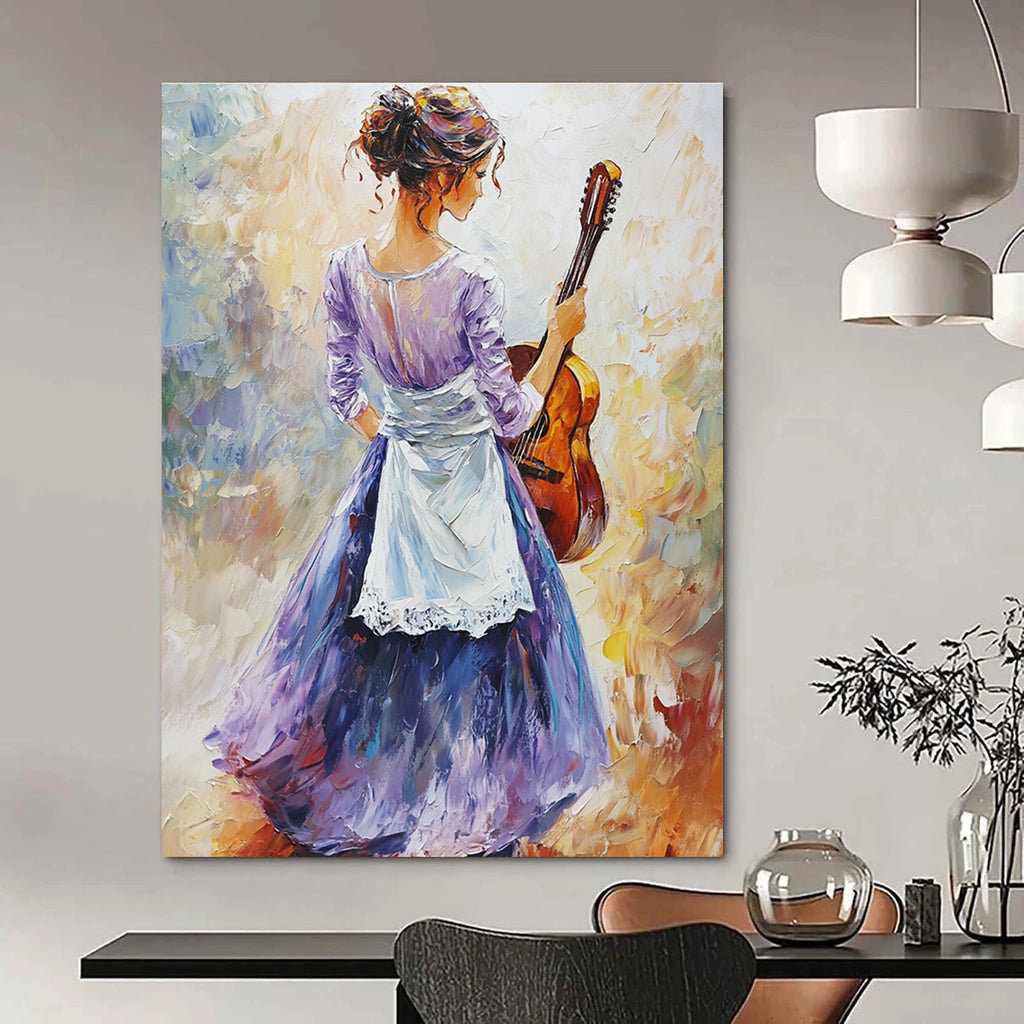 Large abstract oil painting featuring an elegant figure in a light purple dress and dark blue skirt holding a guitar with vibrant colors and soft lighting.STSC1373