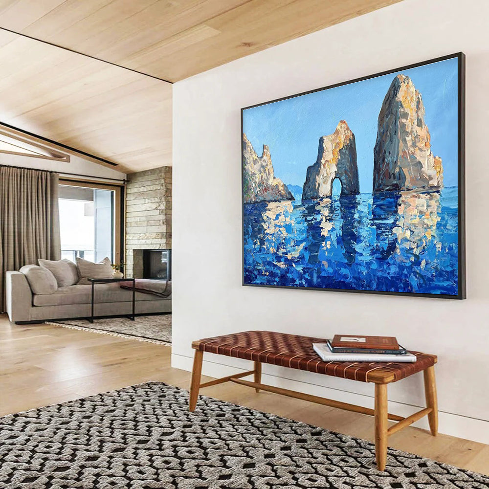 Blue Beige Sea Stack Rocks Abstract Painting THY478