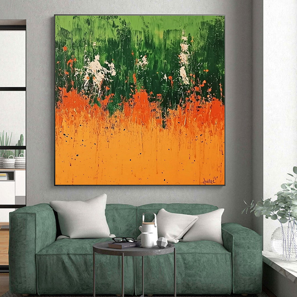 Green Orange Abstract Painting with Dripping Effects GER491