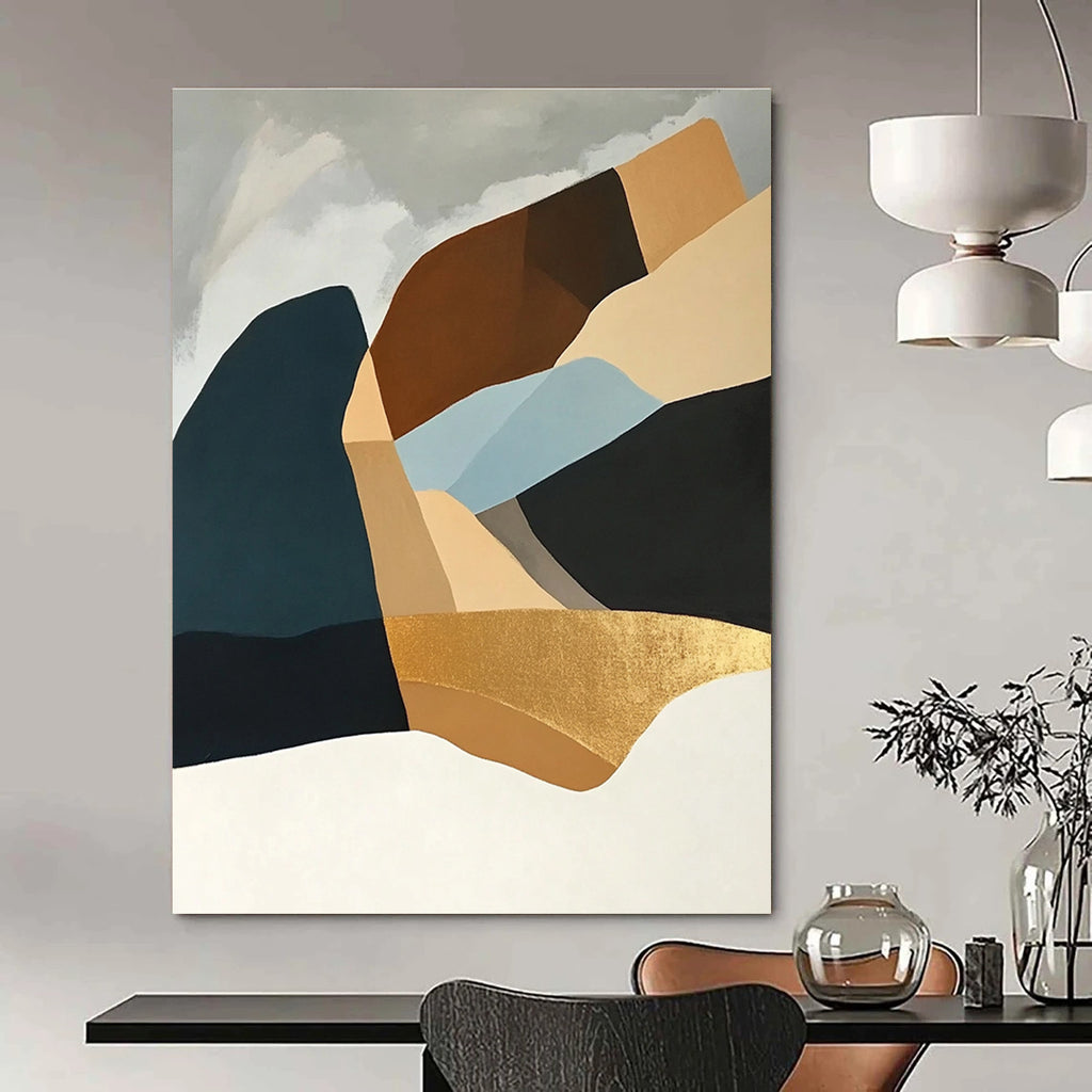 Large abstract painting showcasing Art Deco shapes in light blue and gold on a white background featuring elegant curves and balanced elegance in composition.STSC697