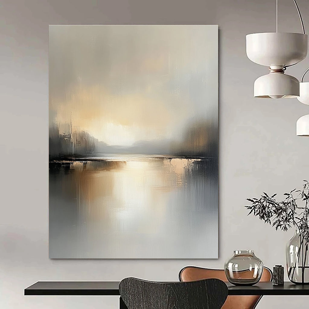 Large abstract landscape painting featuring a serene lake and soft gray beige tones capturing the tranquility of golden hour reflections.STSC084