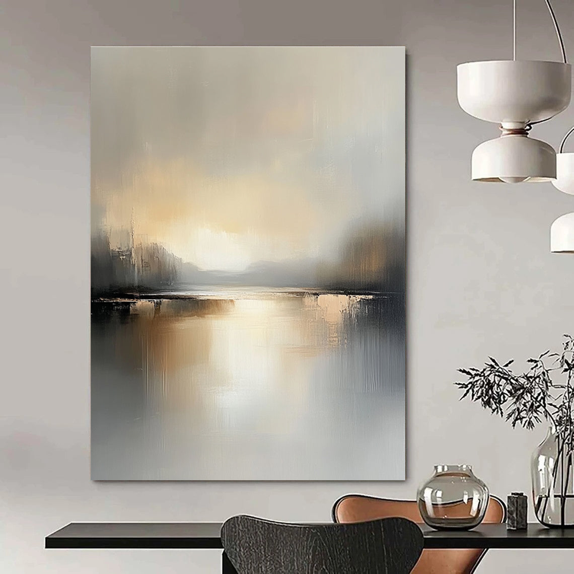 Large abstract landscape painting featuring a serene lake and soft gray beige tones capturing the tranquility of golden hour reflections.STSC084