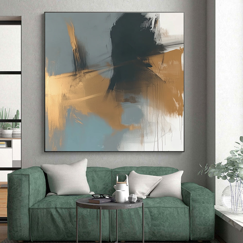 Gray Gold Abstract Painting with Fluid Brushstrokes GER780