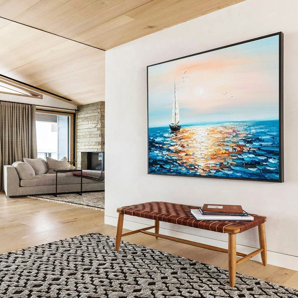 Sailboat Sunset Abstract Painting with Orange, Pink, and Blue Tones THY188