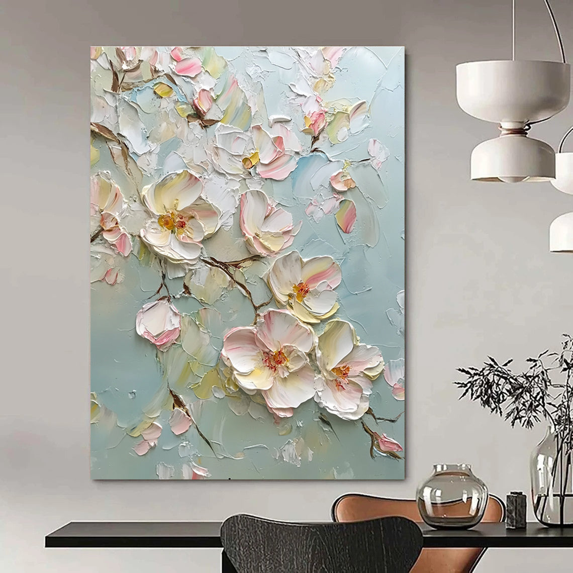 Large abstract painting featuring delicate light pink and white flowers with impasto texture creating a dreamy romantic atmosphere and vibrant colors.STSC1371