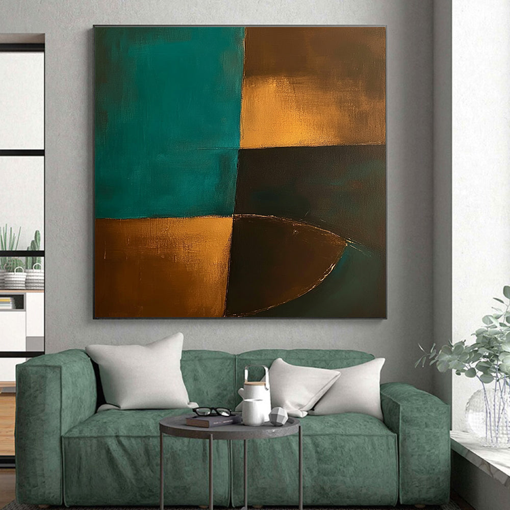 Teal Gold Abstract Painting with Geometric Forms GER707