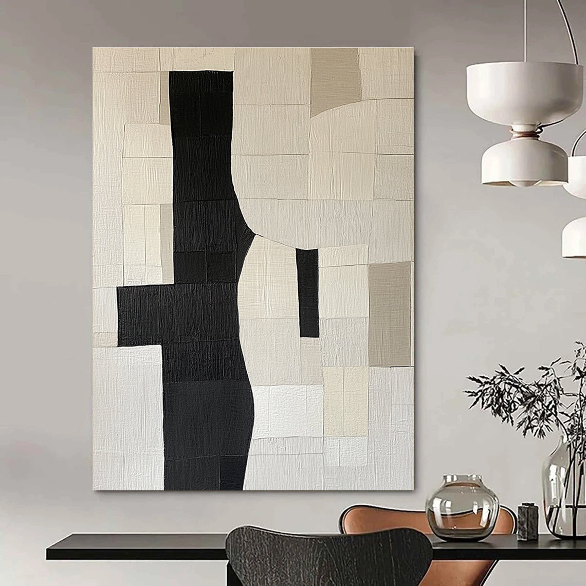 Large abstract painting featuring deconstructed doorway shapes in black grey and beige on a flat white background creating a minimalist collage effect.STSC392