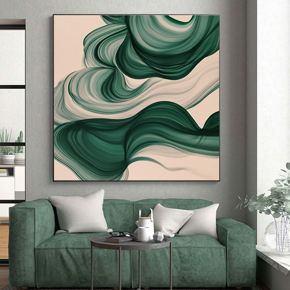 Green and White Abstract Painting with Flowing Ribbons GER423