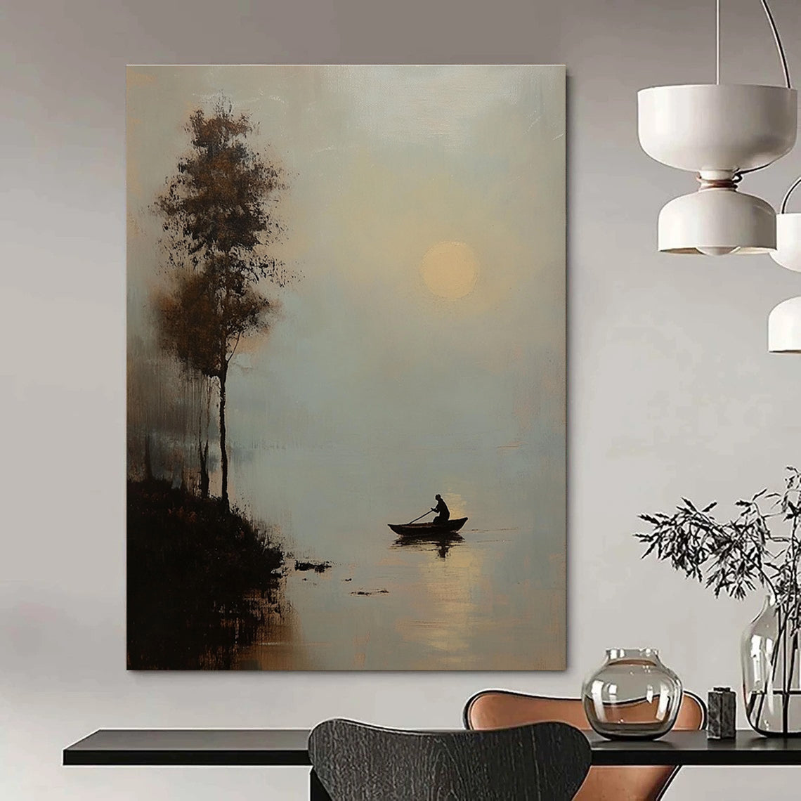 An abstract painting of moonlight over water featuring a man in a boat and a tree silhouette in soft muted tones.STSC1307