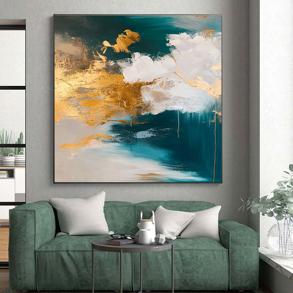 Teal and Gold Abstract Painting with Cloud - like Textures GER630