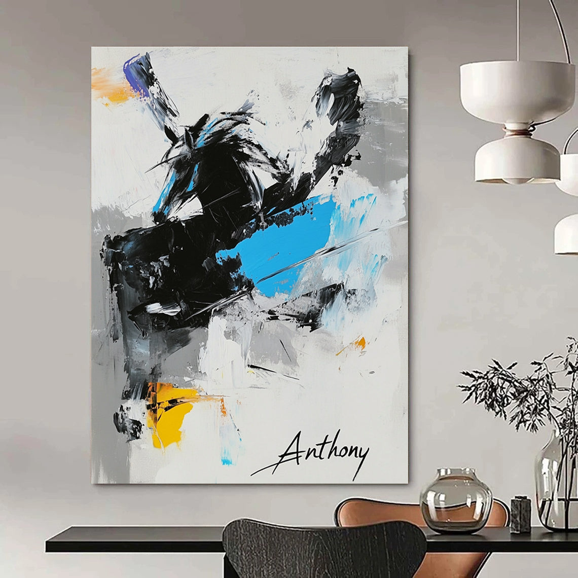 Large abstract painting featuring "Anthony" in black white and blue with a dynamic horse and signature Michael in the corner.STSC349