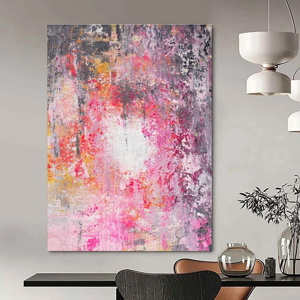 Pink - Gray Abstract Painting with Vibrant Splashes ADGE470