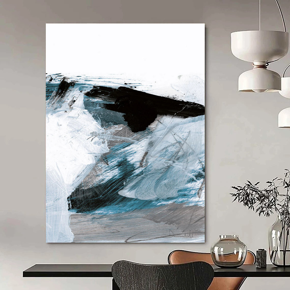 Blue and Black Dynamic Strokes Abstract Painting ADGE220