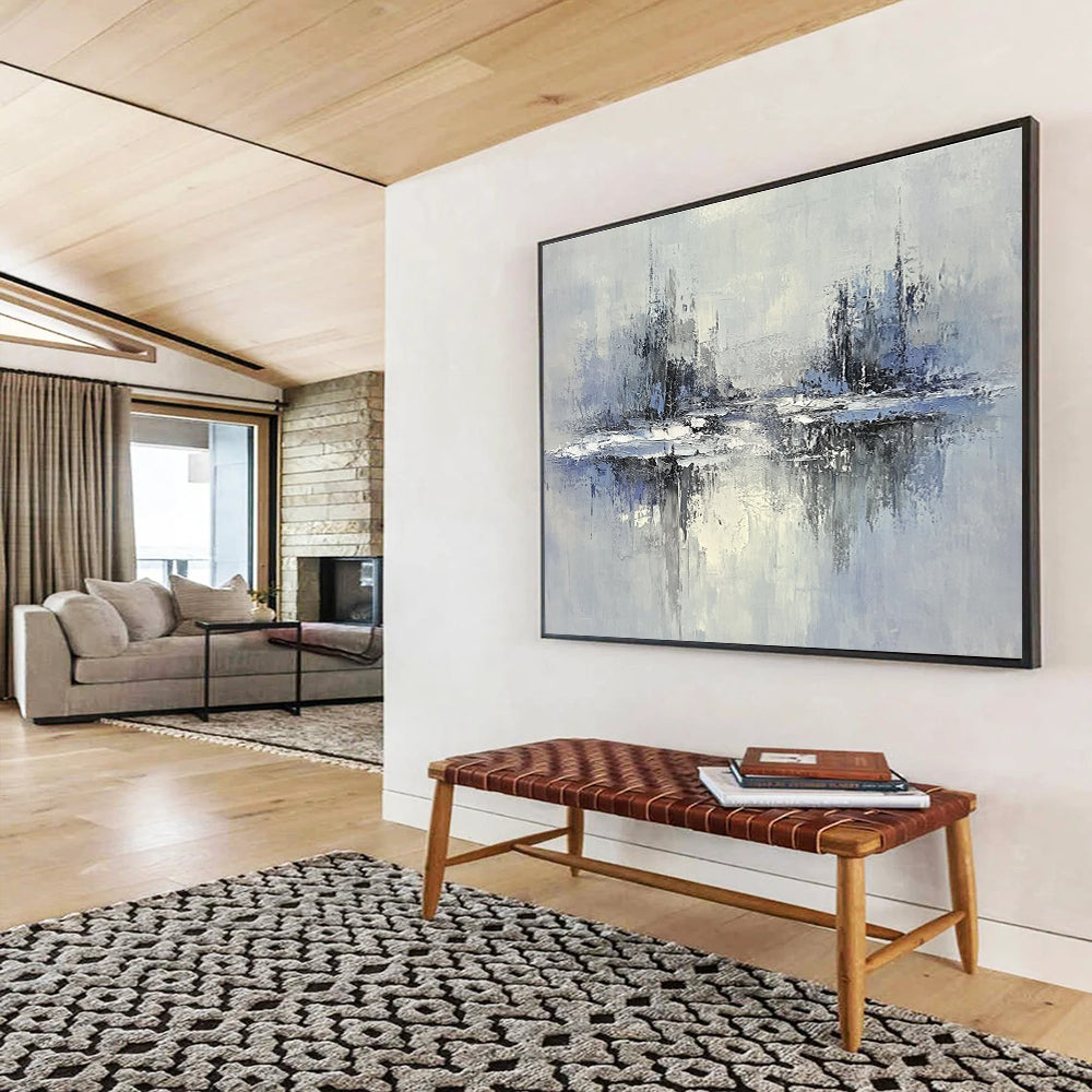 Blue and Gray Cityscape Reflection Abstract Painting with Subtle Textures DYP334