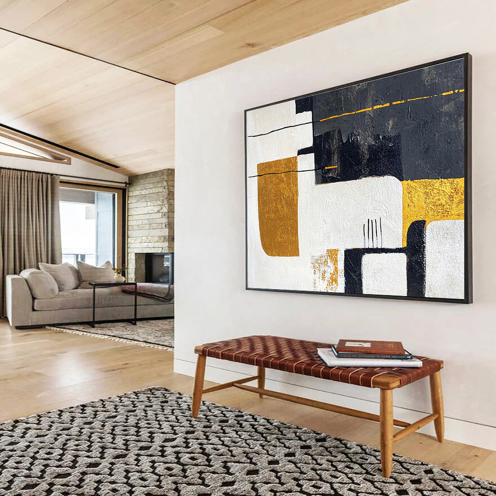 Black White Gold Abstract Painting with Geometric Elegance DYP425