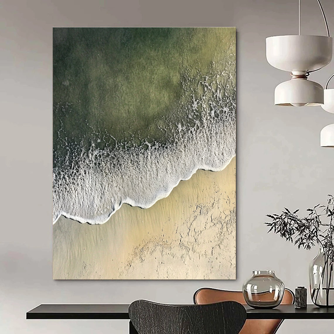 Abstract painting depicting a serene coastal scene with gentle waves and soft sandy textures, blending white and gray with distant green sea hues.STSC1431