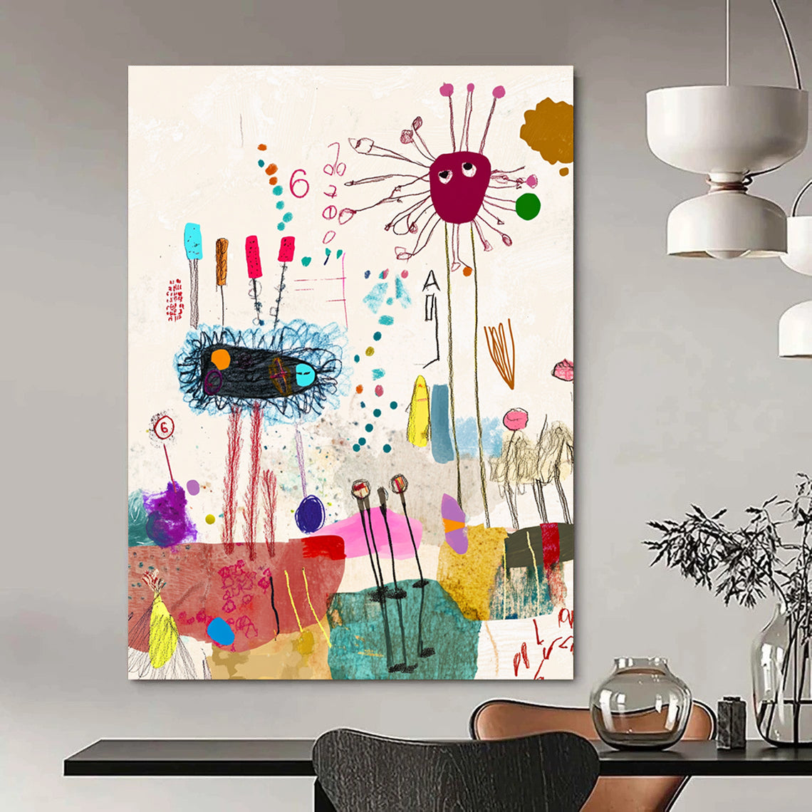 A large abstract painting featuring whimsical shapes and lines, soft pastels, and nature-inspired collages with a dynamic dancing group highlighted by the number six.STSC971