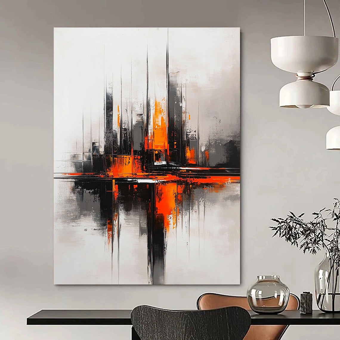 Abstract painting of a futuristic cityscape in grey and orange tones inspired by Richard Anderson's style.STSC285