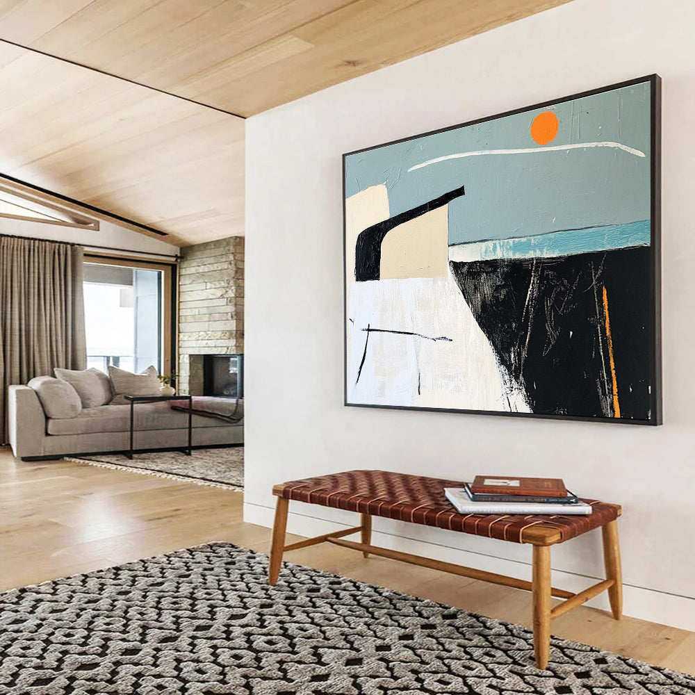 A large abstract painting featuring sea-themed black and white lines, blue and gray blocks, orange accents, and a simple house silhouette against a clear sky.SC388