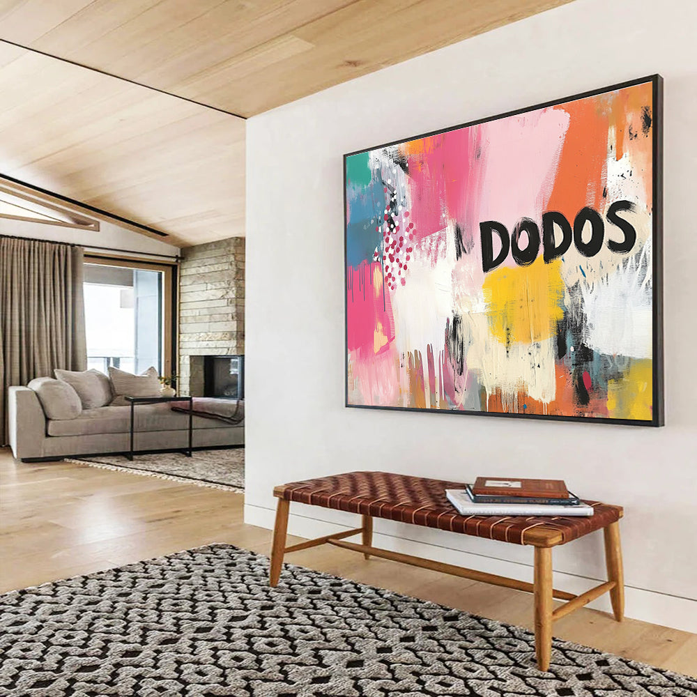 Vibrant abstract painting with bold brushstrokes and dynamic patterns in energetic colors featuring large DODOS lettering creating an urban ambiance.SC456