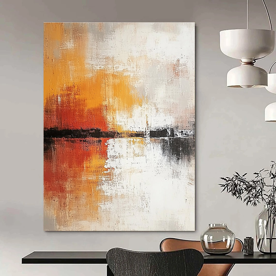 Large abstract painting in soft white and grey tones with warm orange and yellow accents featuring expressive brush strokes and rich texture.STSC813
