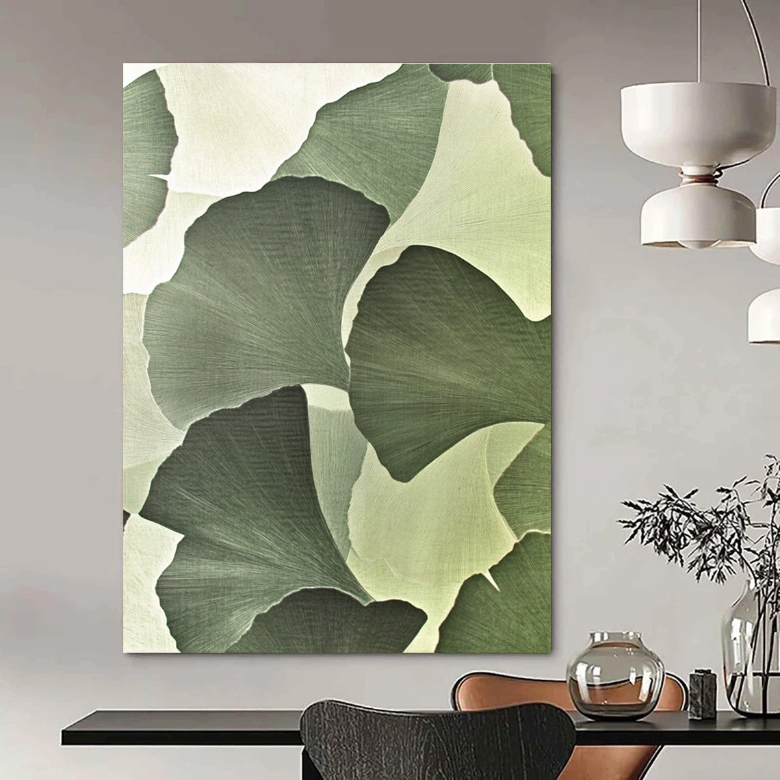 Large abstract painting featuring ginkgo leaves in strong geometric elements with silk-like texture and high-definition detail on a light green and white background.STSC942