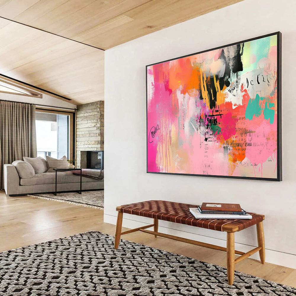 An abstract expressionist painting featuring chaotic brush strokes and soft gradients in pinks and oranges, creating vibrant energy and depth.SC309