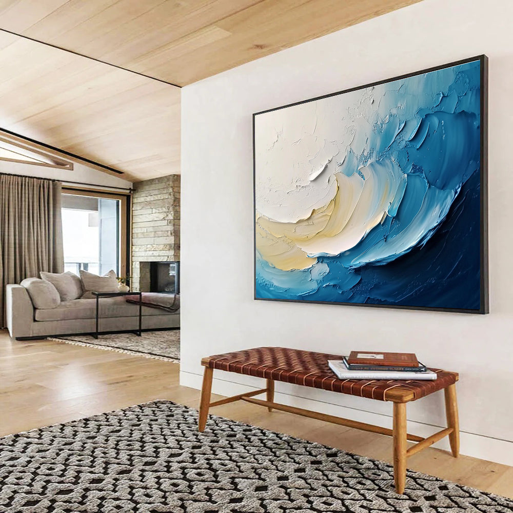 Textured Wave Abstract Painting with Blue and Beige Tones DYP526
