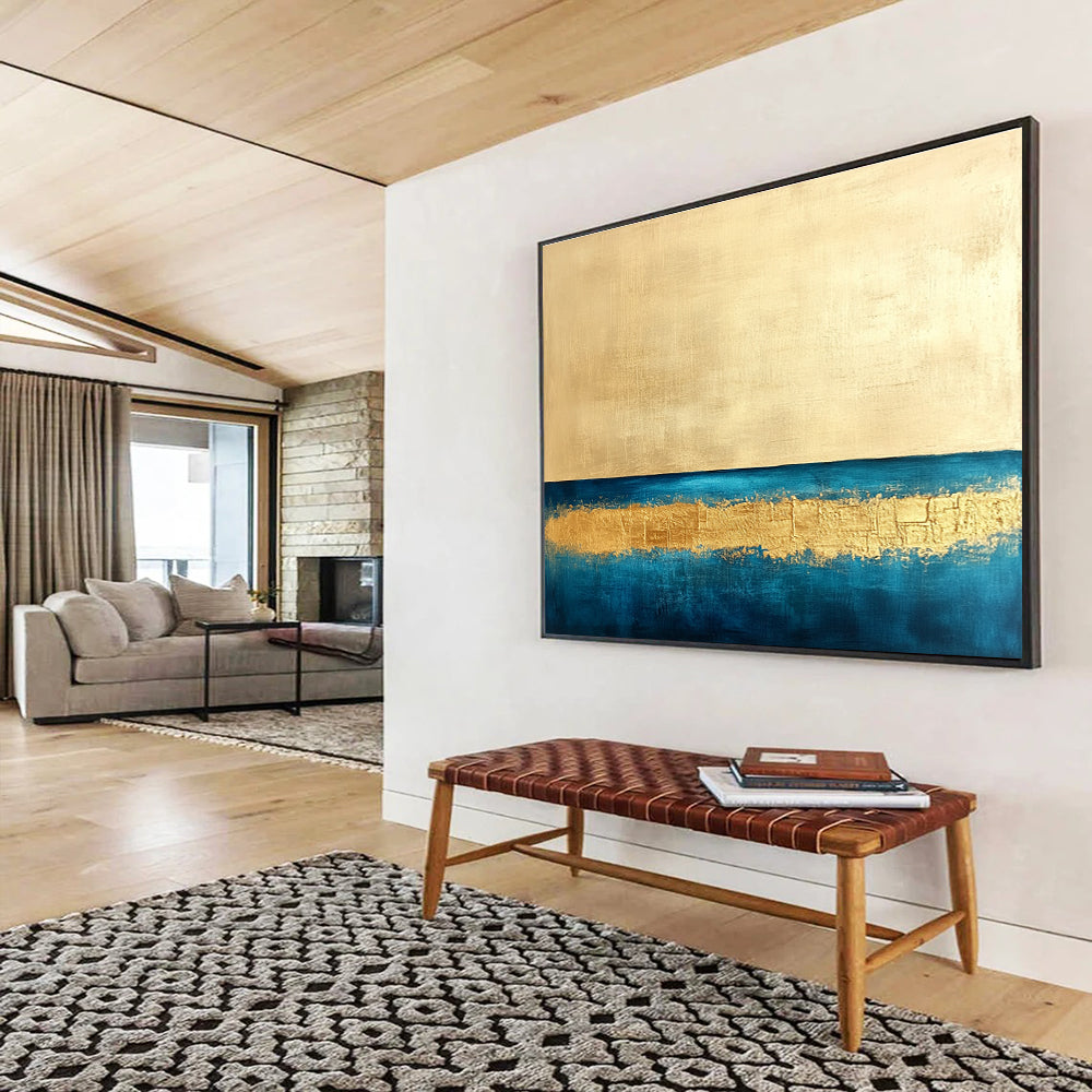 Gold and Blue Minimalist Abstract Painting with Textured Gold Band DYP314