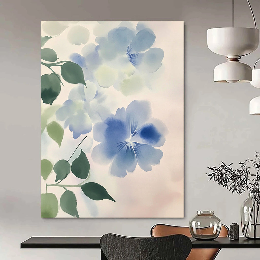 Large abstract watercolor painting of light blue and white flowers with green leaves against a soft gray gradient emphasizing fluidity and movement.STSC1050