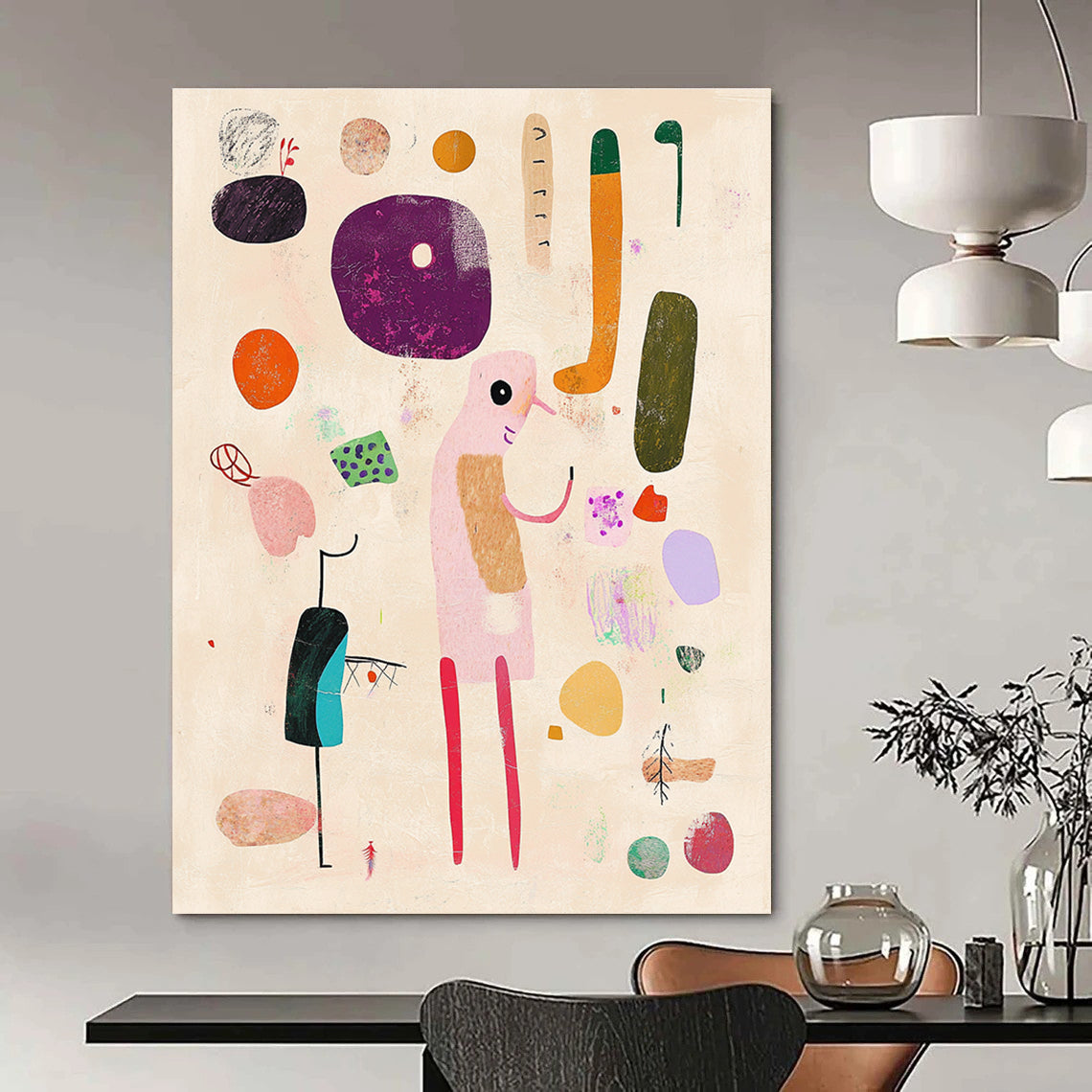 Large abstract artwork featuring hand-drawn shapes and playful lines on a beige background with pink and green accents.STSC1287