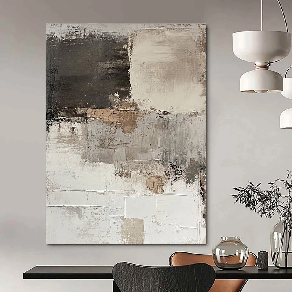 Large abstract painting of a peeling white wall in brown and gray tones showcasing thick brush strokes for a minimalist aesthetic.STSC268