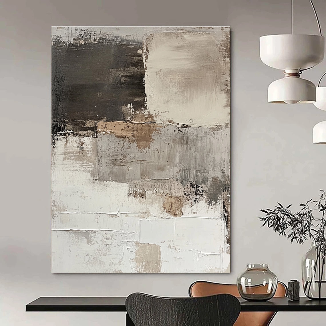 Large abstract painting of a peeling white wall in brown and gray tones showcasing thick brush strokes for a minimalist aesthetic.STSC268