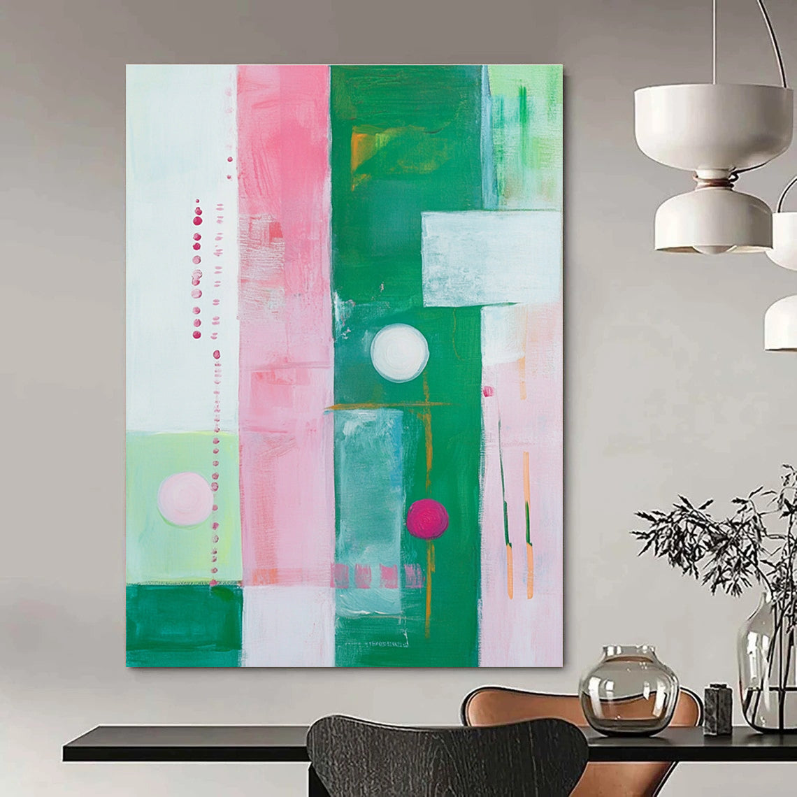 Large abstract painting featuring pink, green, and white stripes, circles, and squares inspired by Kathryn Statsny's style.STSC325