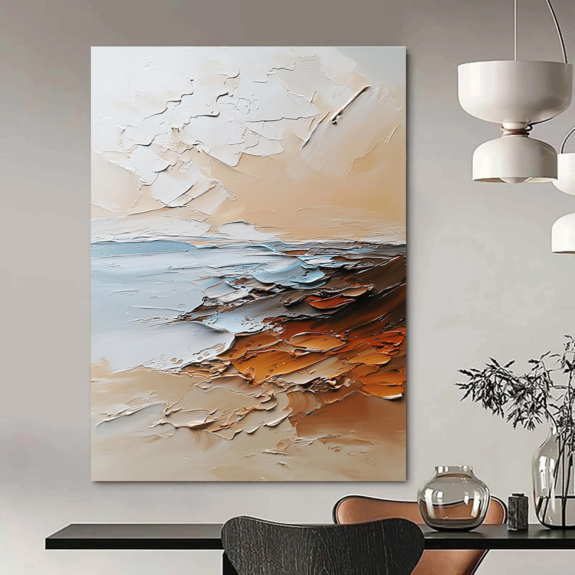Large abstract painting in beige and white tones featuring textured brushstrokes with light orange brown and gray colors and soft edges.STSC096