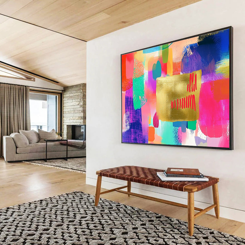 A large abstract painting featuring a golden paper centerpiece with red writing, embellished with colorful pastel brush strokes in pink, blue, green, and more.SC297