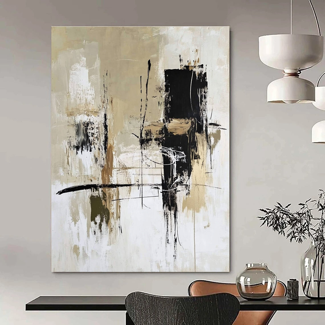 Large abstract painting with bold brushstrokes in high-contrast black white and beige featuring layers of color and dynamic shapes for modern decor.STSC413