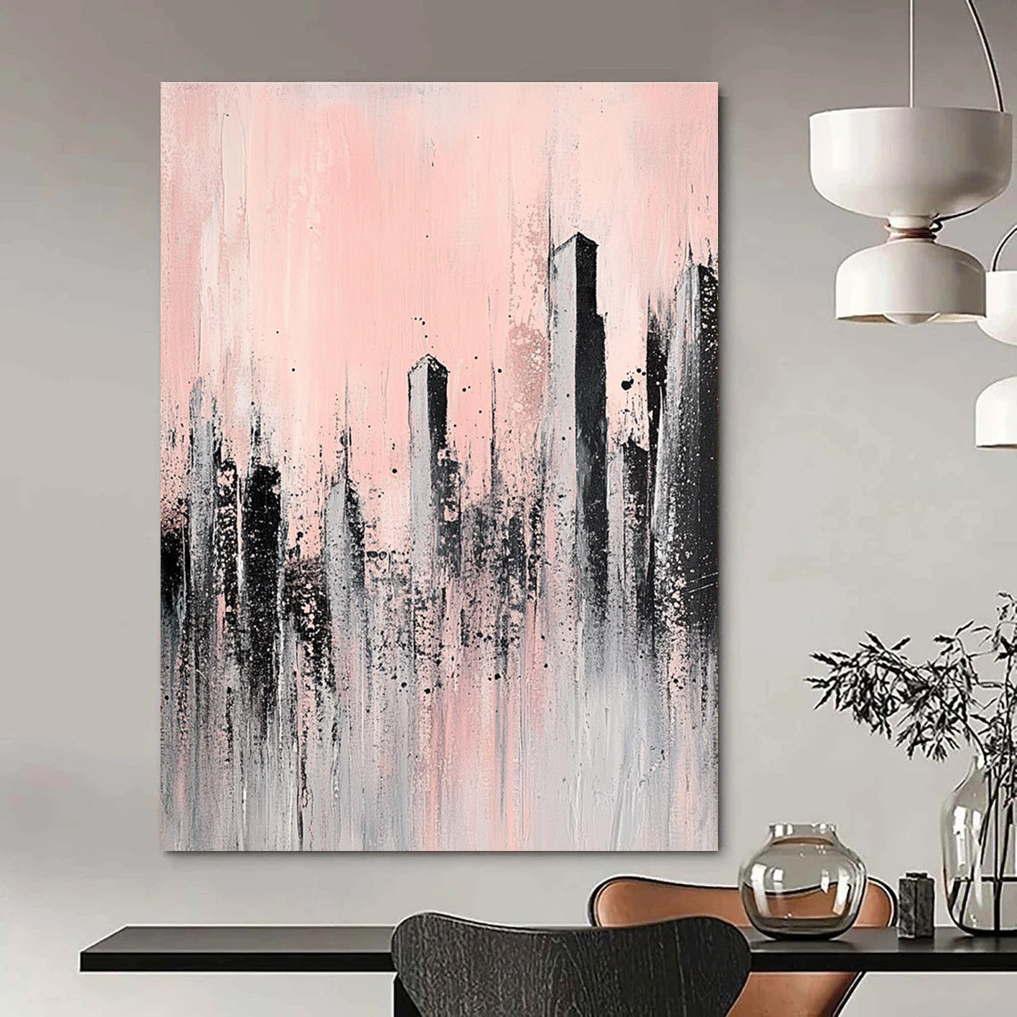 Large abstract painting of skyscrapers in pale pink and grey featuring unique textures that evoke a sense of urban elegance and tranquility.STSC332