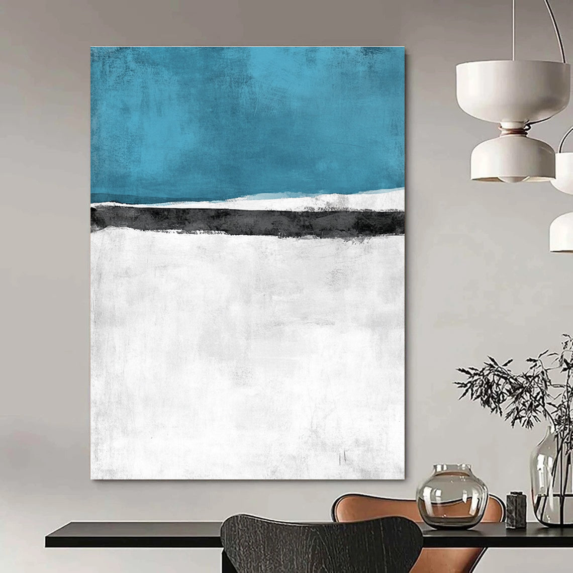 Large Abstract Landscape Painting Featuring a Snowy Field with Sea and Sky in an Elegant Minimalist Watercolor Style.STSC523