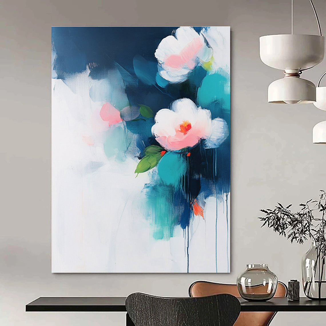 Abstract painting on a white background with teal and pink accents featuring flowers and green leaves in soft atmospheric edges.STSC375