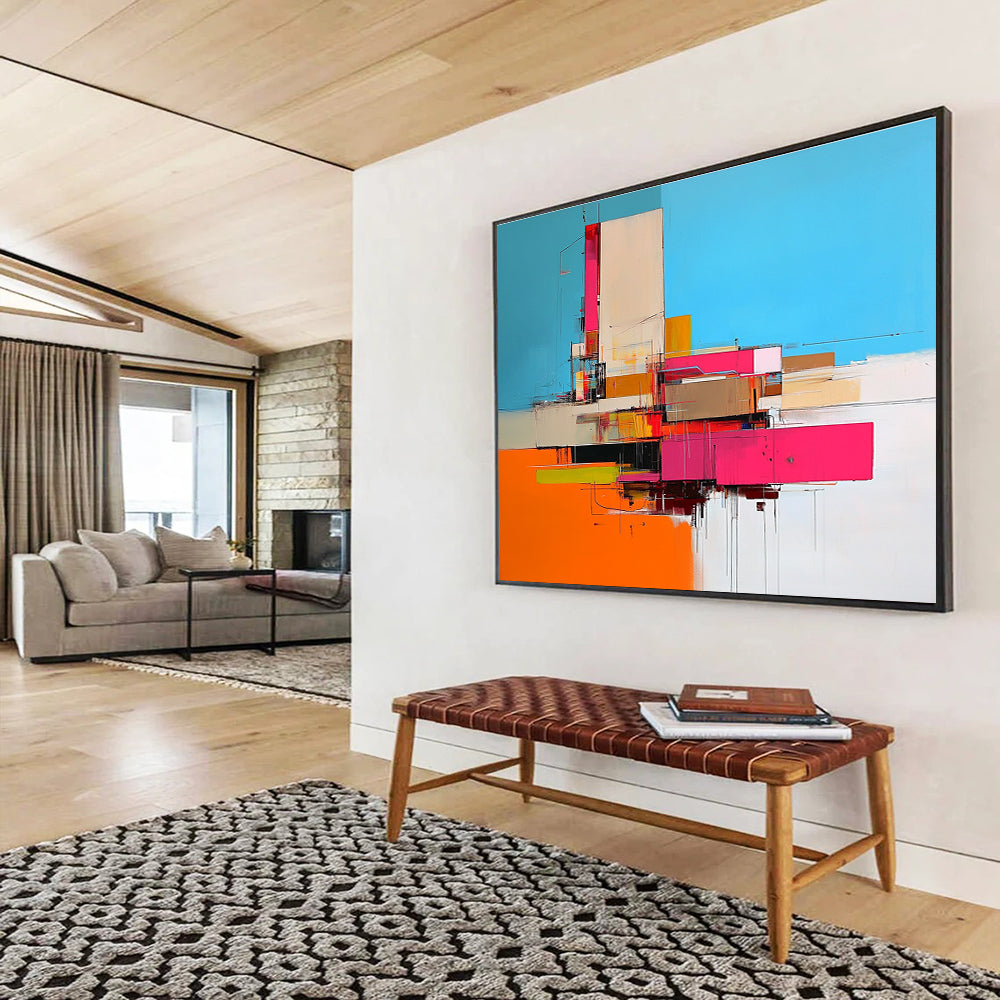 Large abstract painting of an industrial building in vibrant pink and orange hues against a blue backdrop capturing dynamic beauty.SC159