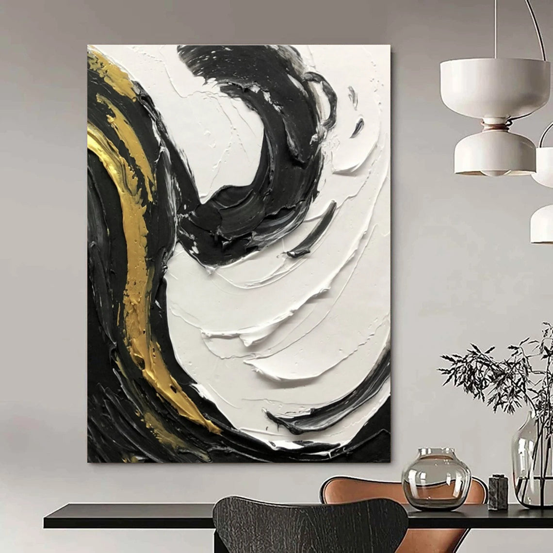 Gold - Accented Black and White Textured Swirl Abstract Painting ADGE381