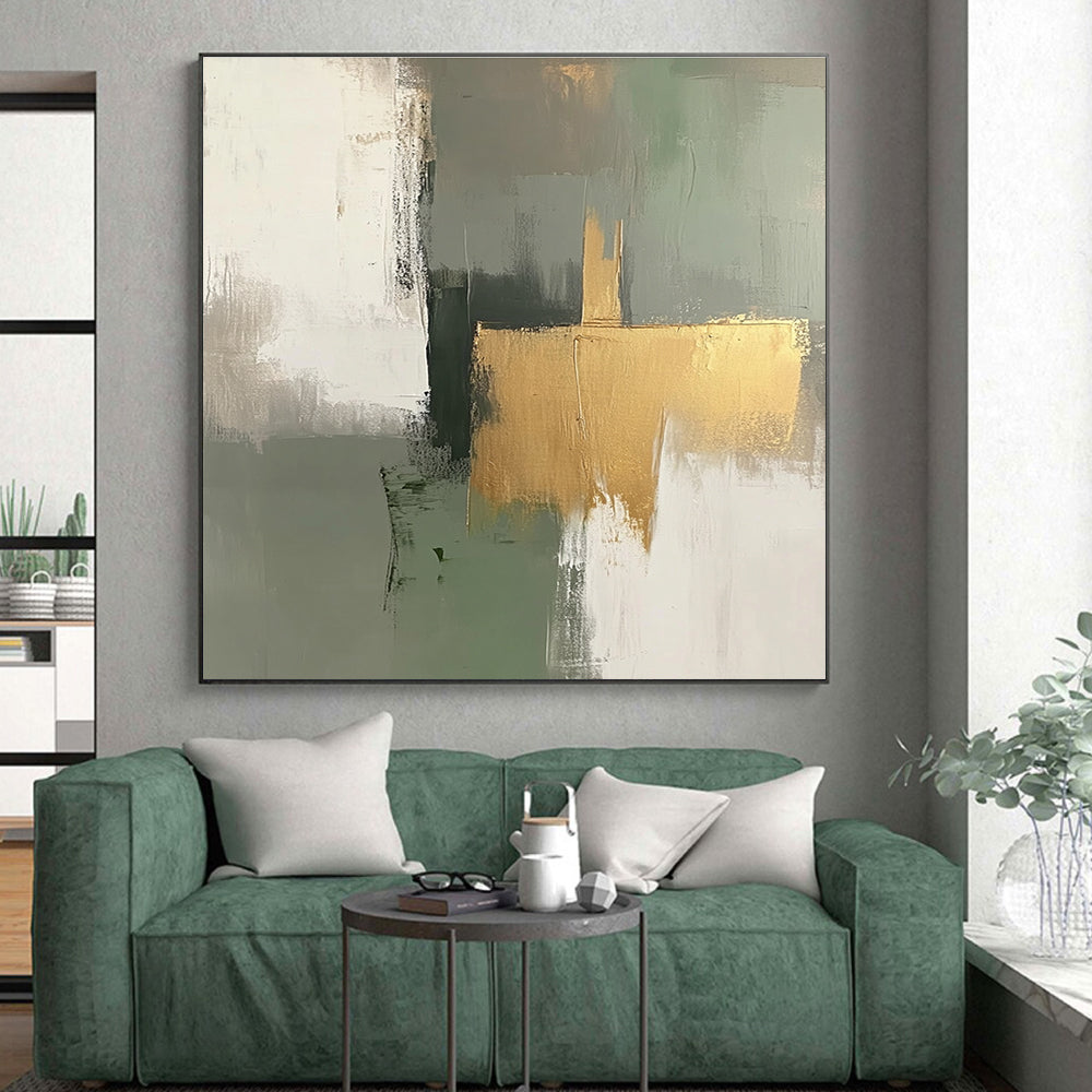 Green Gold and Gray Abstract Painting with Minimalist Geometry GER558