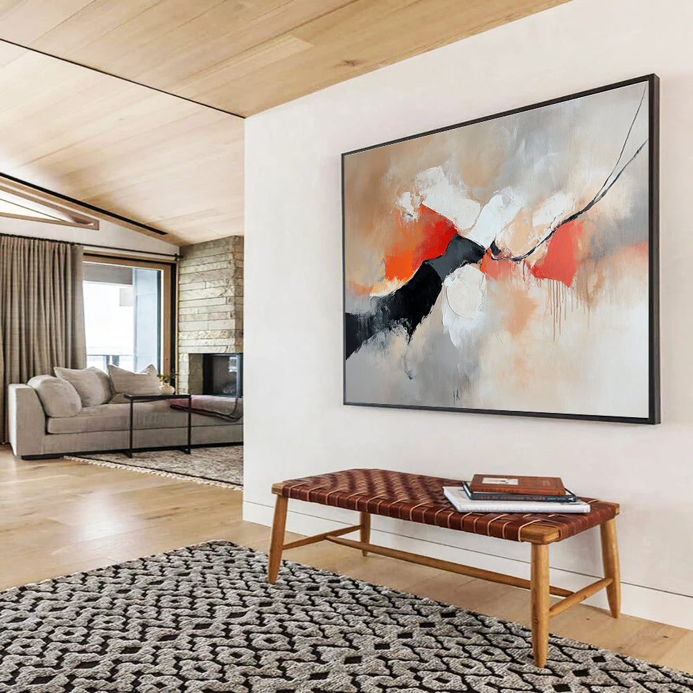 Large abstract painting featuring warm colors and soft shapes on a gray background with emotional expressions in red orange and black tones.SC265