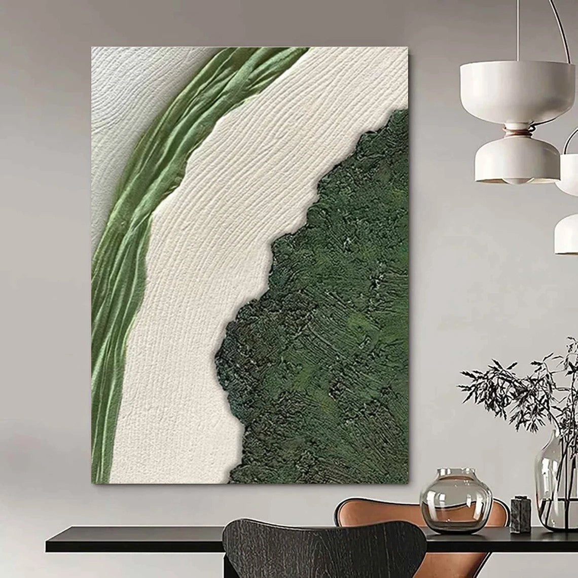 Green and White Textured Abstract Painting with Natural Shapes ADGE316