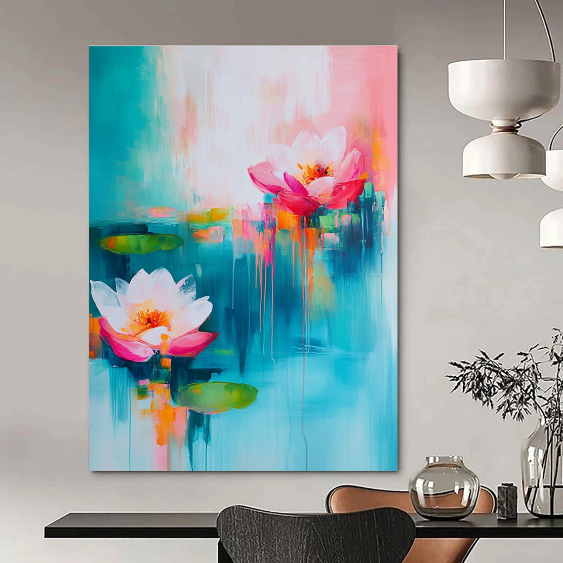 Large abstract painting with turquoise and pink hues featuring soft brush strokes of flowers and water lilies in a dreamy atmosphere.STSC052