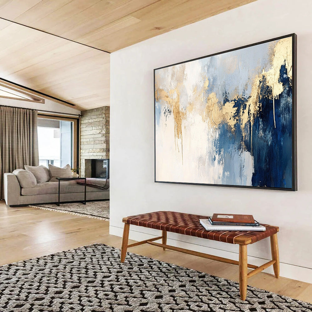Blue and Gold Abstract Painting with Dripping Details DYP182